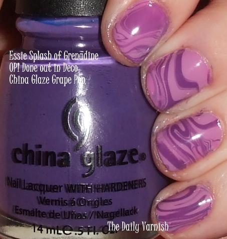 My two water marbling colors were OPI Done out in Deco and China Glaze Grape